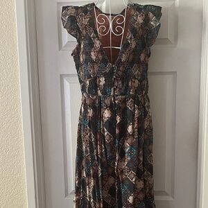 Anthropologie Blue and Brown Patterned Maxi Dress V-neck ruffles sleeveless